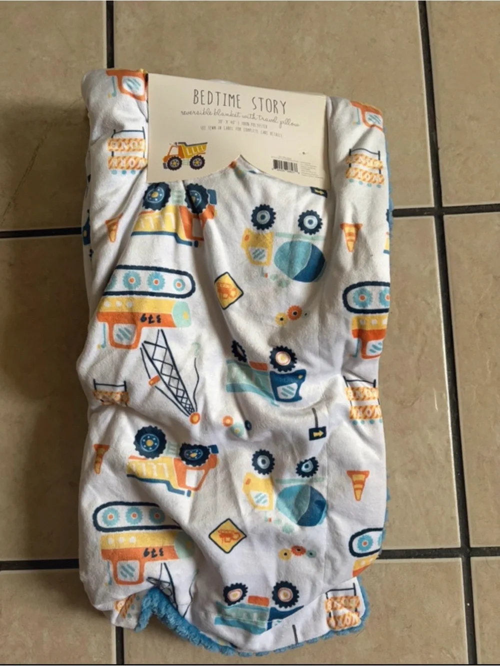 Reversible Kids Neck Pillow and Blanket Set - Blue Construction Print
